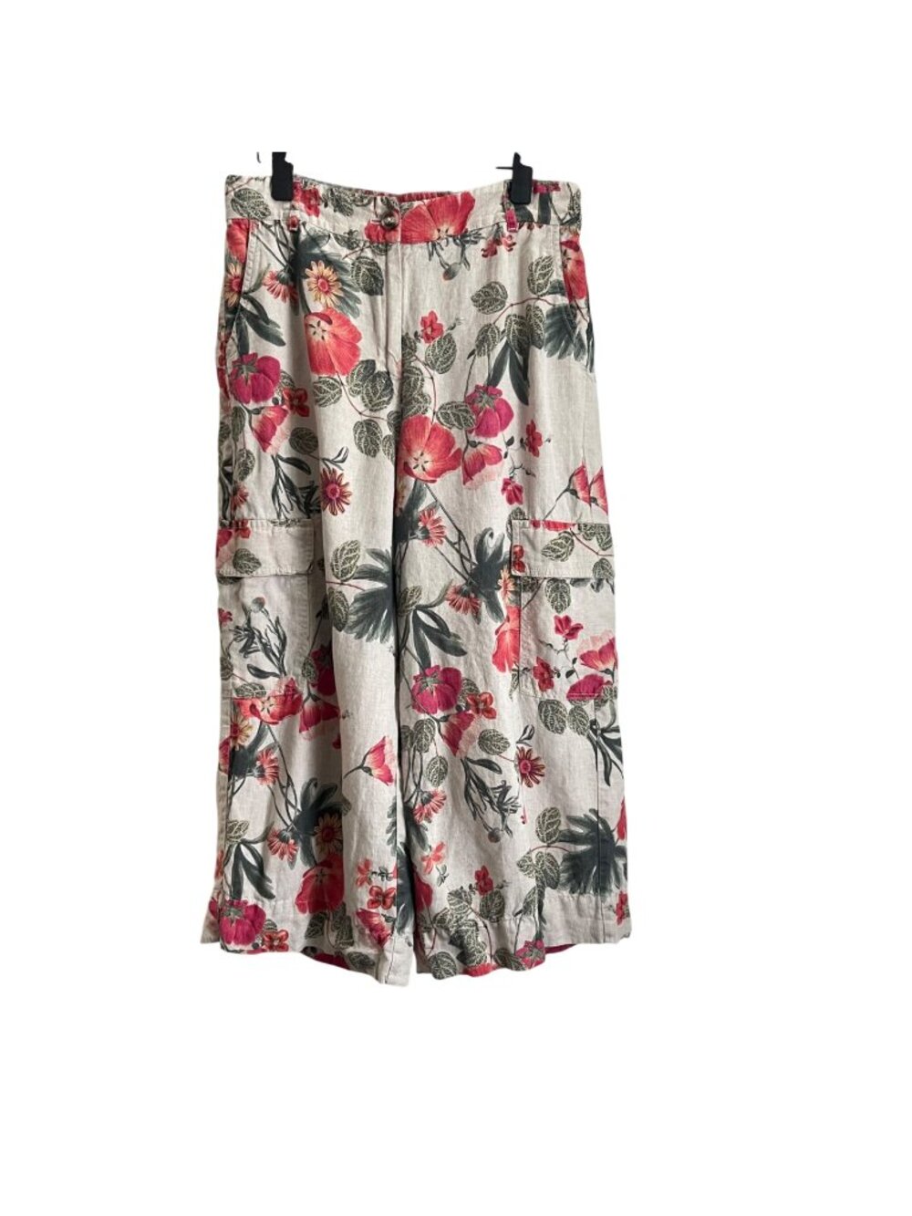 Chicos Womens Linen Cargo Pants Size 1.5 US 10 Floral Wide Leg Cropped Coastal